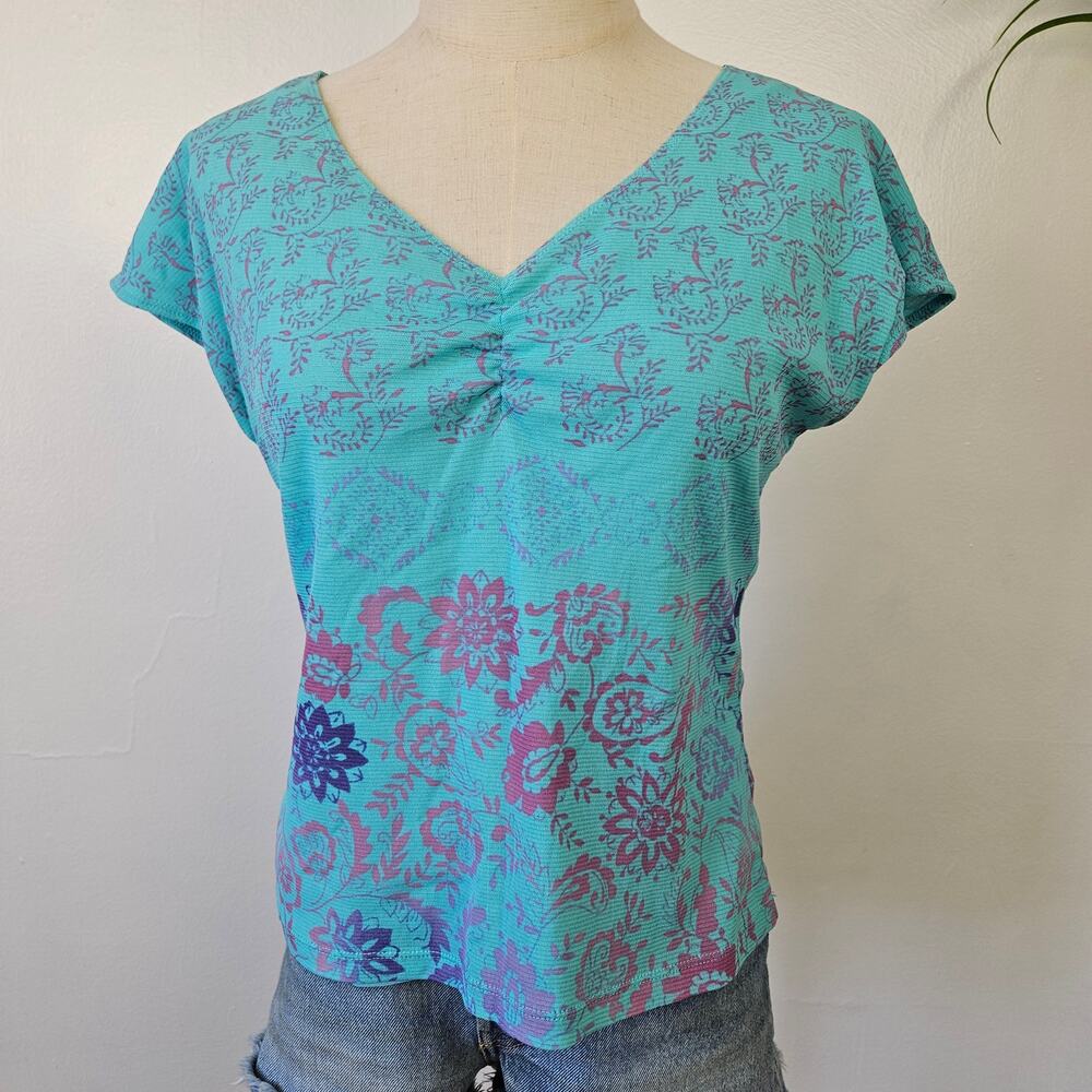 Y2K Mesh V-Neck Tee M Aqua Blue Purple Pink 90s Top